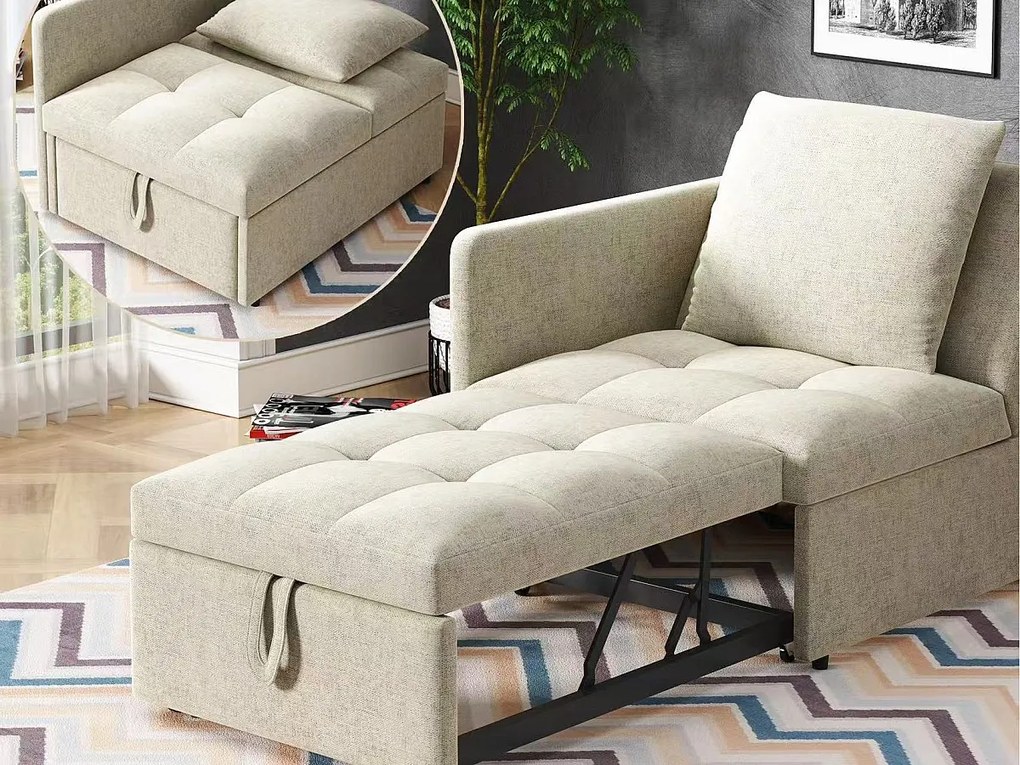 Wygodne sofa z funkcją spania 177x68x65 cm - Wielofunkcyjna sofa 3 w 1 - Len - Regulowane oparcie - Beżowy