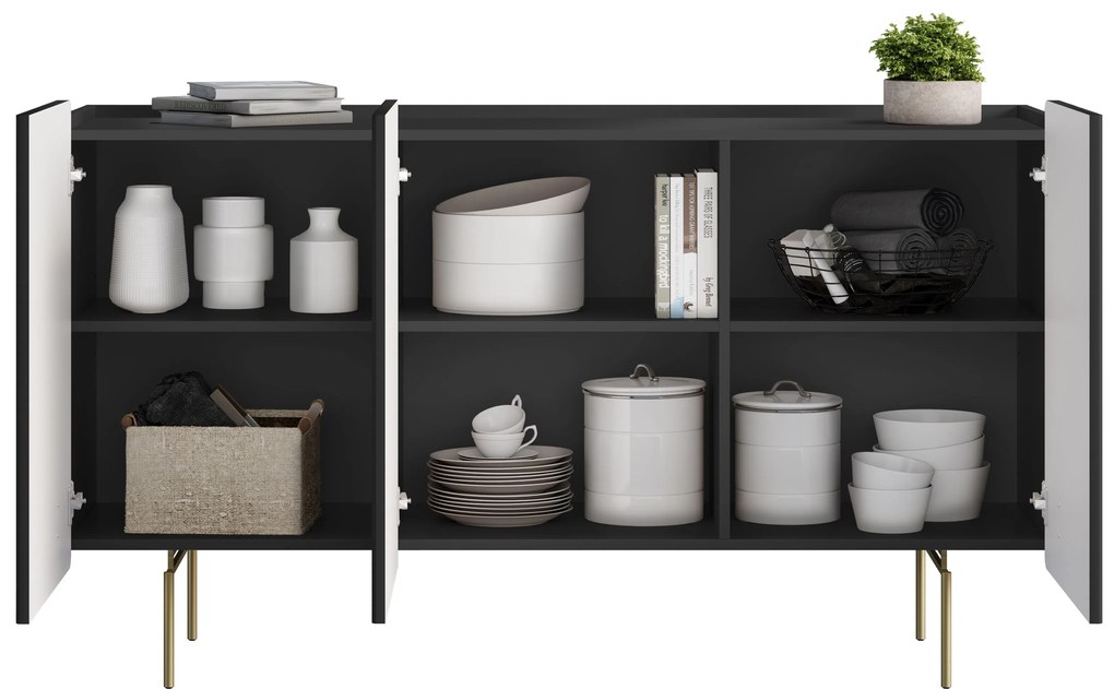 Komoda Malmi 150 cm trzydrzwiowa - czarny mat / złote nóżki