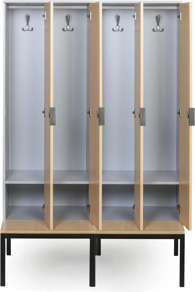 Drewniana szafa ubraniowa S4 z ławką, 4-drzwiowa, 1871 x 1200 x 500/800 mm, demontaż, zamek cylindryczny, szary/brzoza