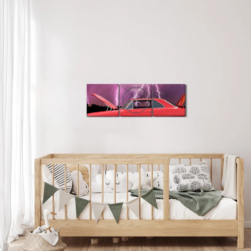 Obraz czerwonego auta (z zegarem) (90x30 cm)