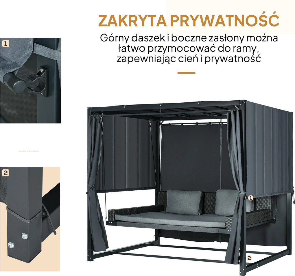 Outsunny Łóżko huśtawkowe ogrodowe z rattanu z baldachimem i poduszkami szare odporne na pogodę | Aosom PL