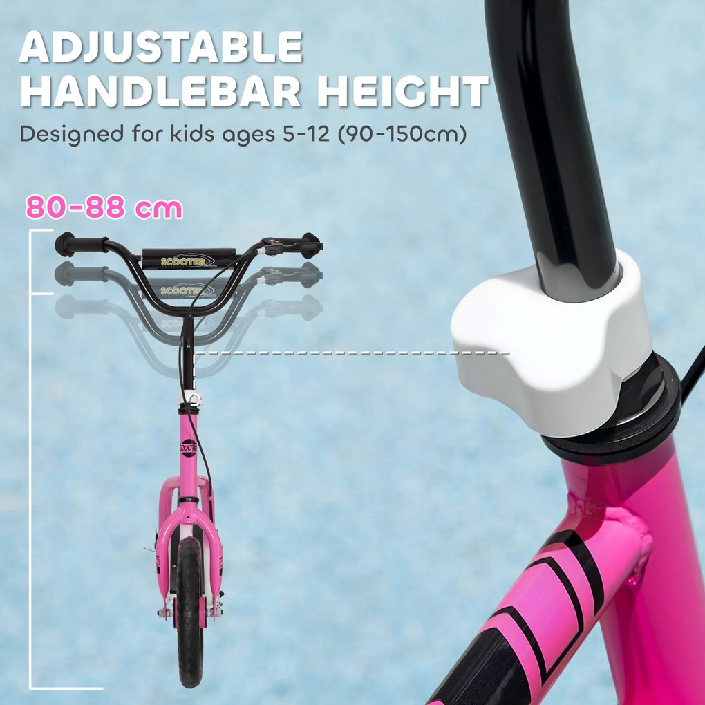 AIYAPLAY Hulajnoga dziecięca z regulowaną kierownicą, dużymi kołami, stojakiem do parkowania, hamulcem ręcznym, dla dzieci w wieku 5-12 lat, różowa