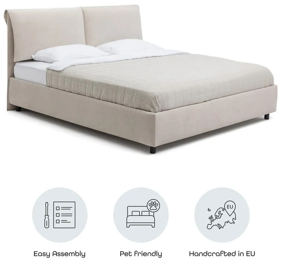 Beżowe tapicerowane łóżko dwuosobowe ze schowkiem i stelażem 160x200 cm Myra Pillow – Bonami Selection