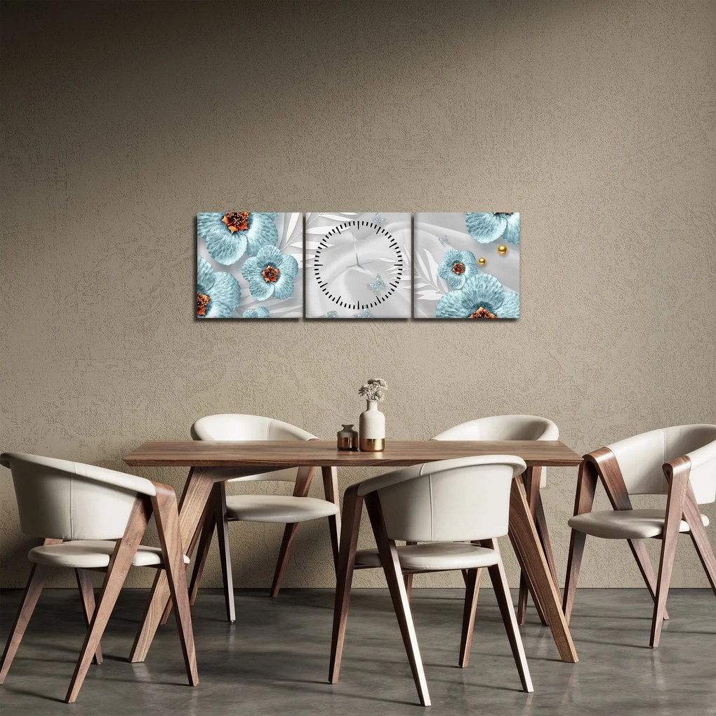 Obraz - 3D niebieskie kwiaty (z zegarem) (90x30 cm)