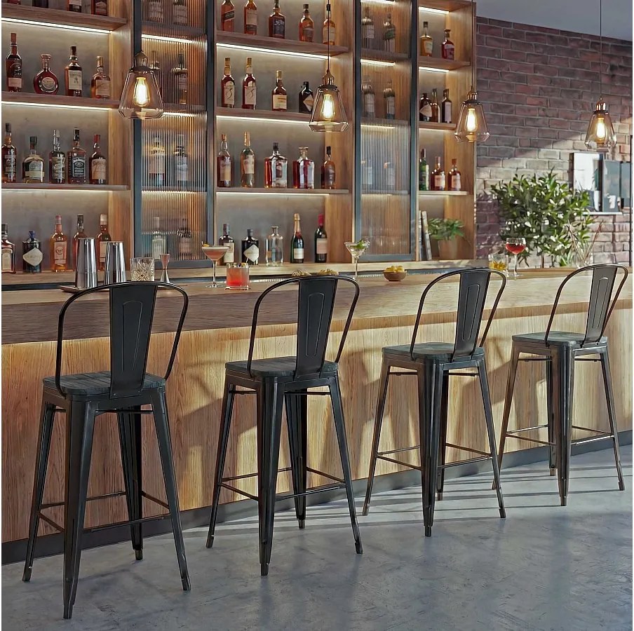 Stołki barowe MCW-A73 metalowe (zestaw 4 szt.),  czarny