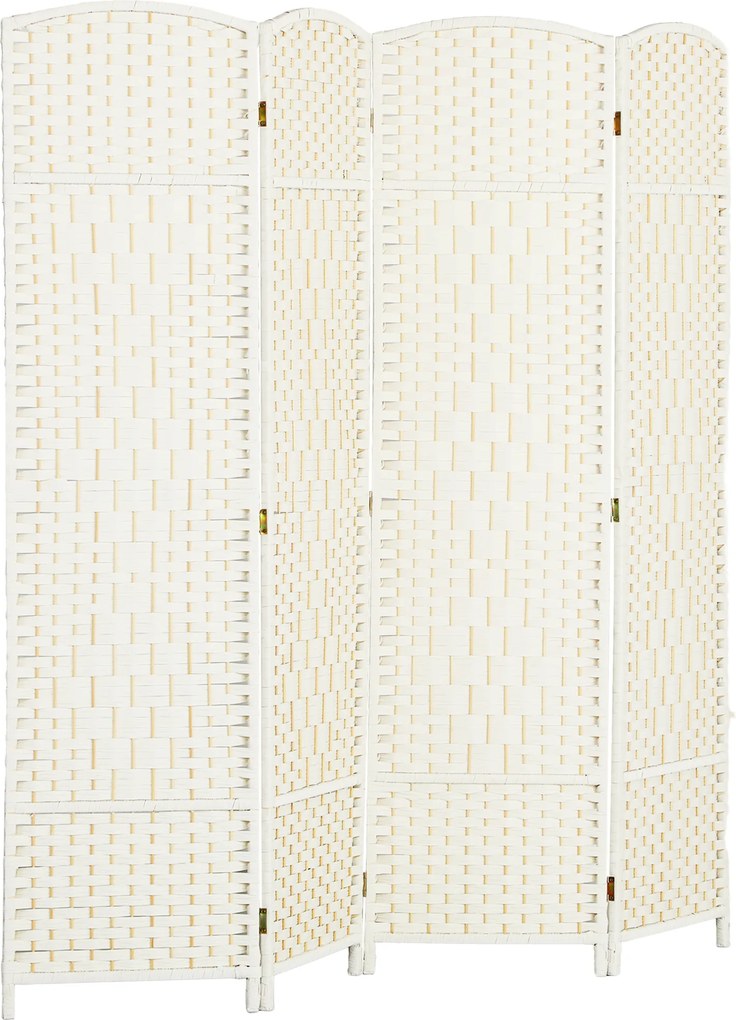HOMCOM Parawan, 4-częściowa składana ścianka działowa, plecionka, drewno sosnowe, Biały