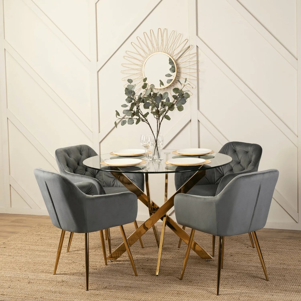 Zestaw Stół Okrągły SALLO 110 cm i 4 Krzesła Tapicerowane RAYA Szare Glamour