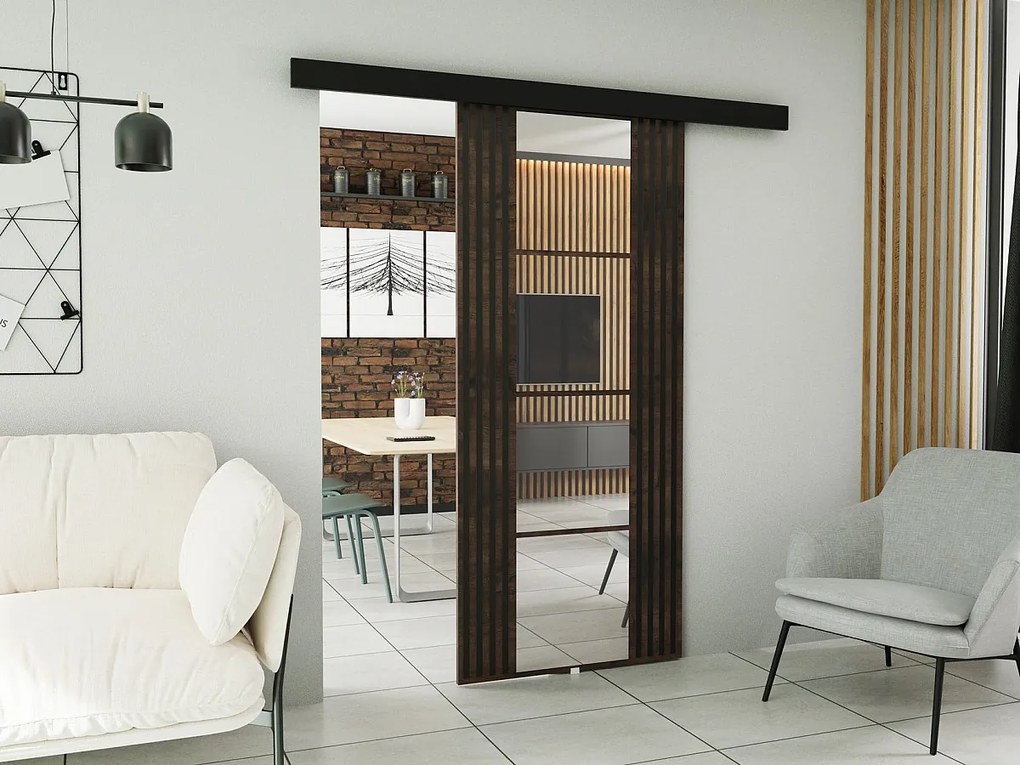 Emporius drzwi przesuwne 70 cm Elora z imitacją lameli - drzwi naścienne z lustrem, jesion ciemny