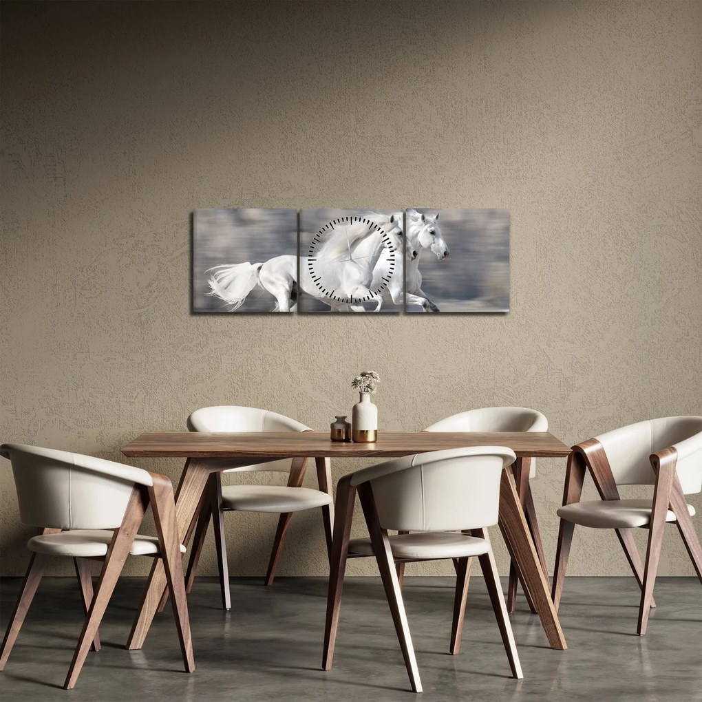 Obraz - Białe konie zimą (z zegarem) (90x30 cm)