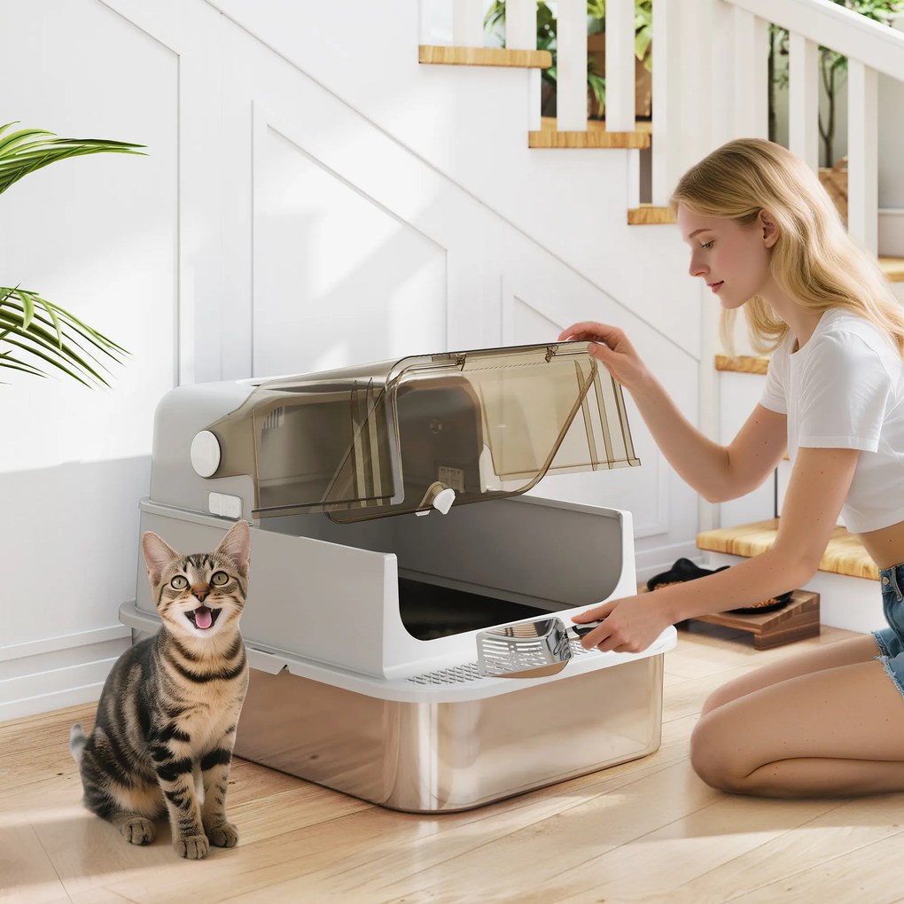 PawHut XXL Toaleta dla kotów ze stali nierdzewnej z klapą, kuweta z łopatką, dla dużych kotów do 20 kg, łatwa do czyszczenia, neutralizująca zapachy, Szara