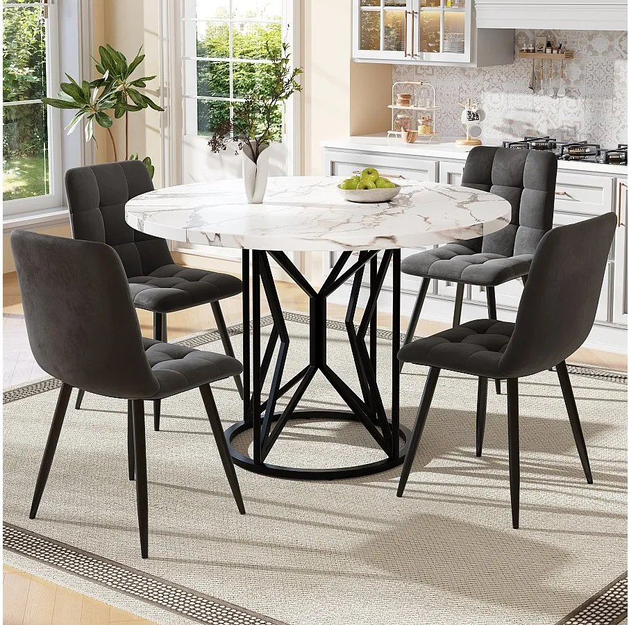 Zestaw okrągły stół jadalny + 4 krzesła welurowe - D 100 x W 76 cm - MDF i metal - Biały + szary