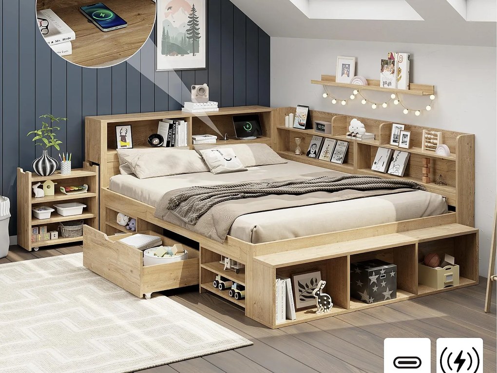 Łóżko dziecięce 140×200 cm - z 1 szufladą - z półką na książki i schowkiem - stelaż listwowy - naturalny (bez materaca)