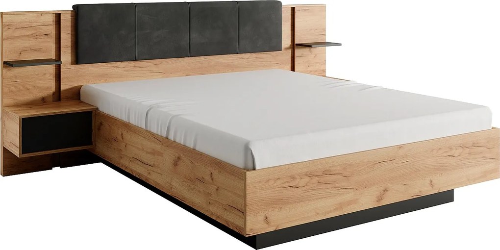 Łóżko ze skrzynią i szafkami nocnymi 160 x 200 cm - Z oświetleniem LED - Kolor: Naturalny i antracyt + Materac - ELYNIA