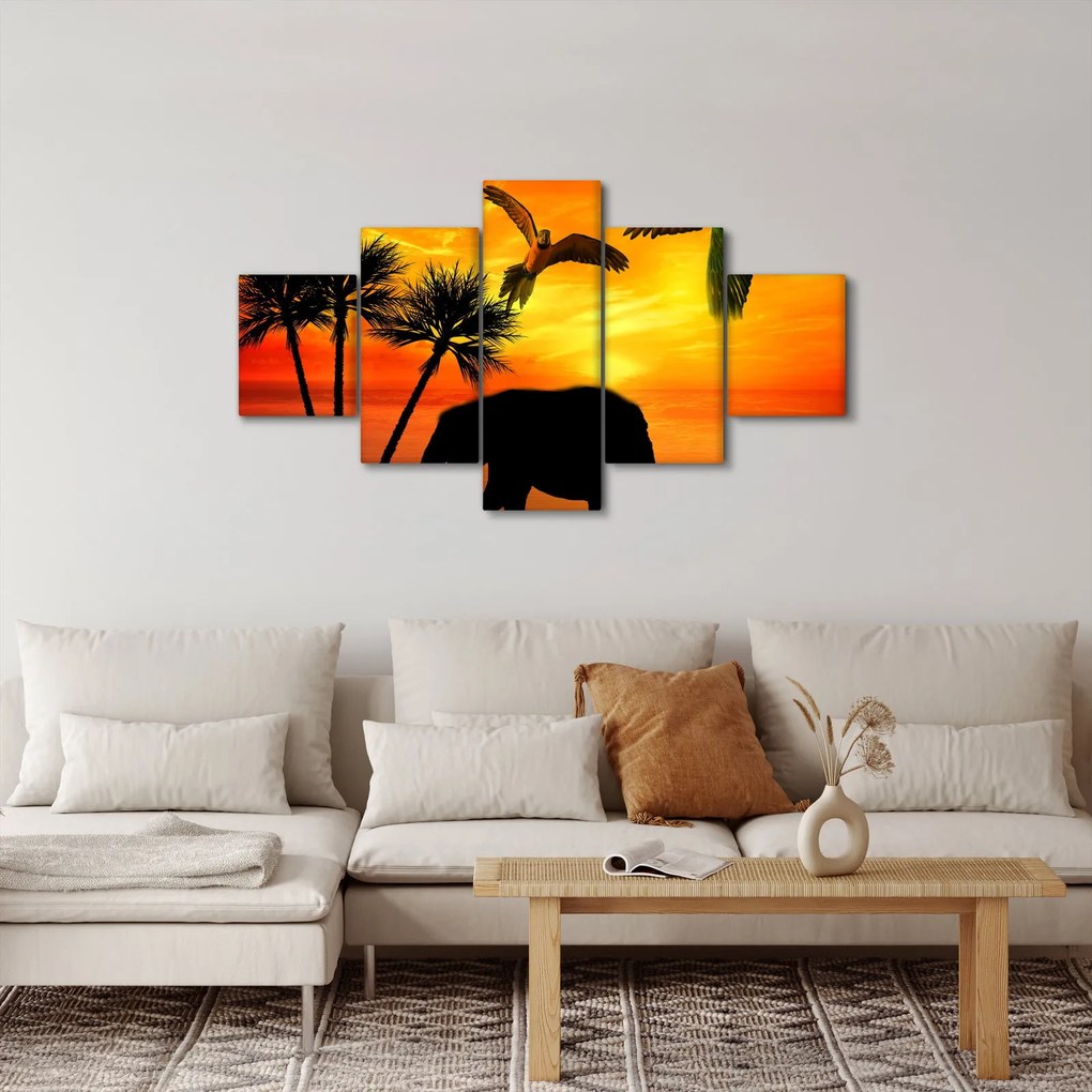 Obraz - papugi i słonie (125x70 cm)