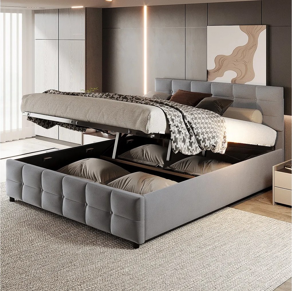 Łóżko 180x200 cm z pojemnikiem - Łóżko dla dorosłych z dnem i oparciem - szary aksamit - bez materaca