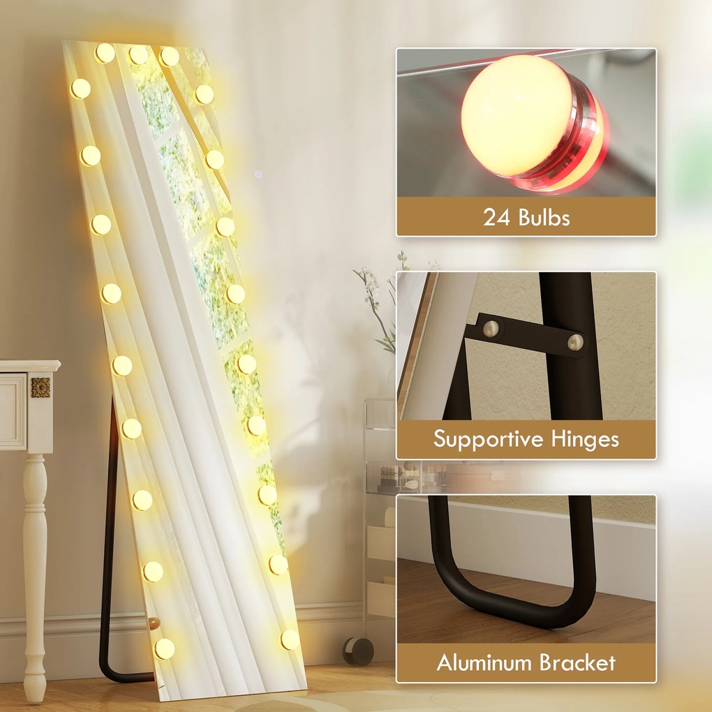 HOMCOM Lustro całopostaciowe 150x40 cm RGB-LED stojące z 21 żarówkami, 7 kolorów światła, przycisk dotykowy, funkcja pamięci | Aosom PL