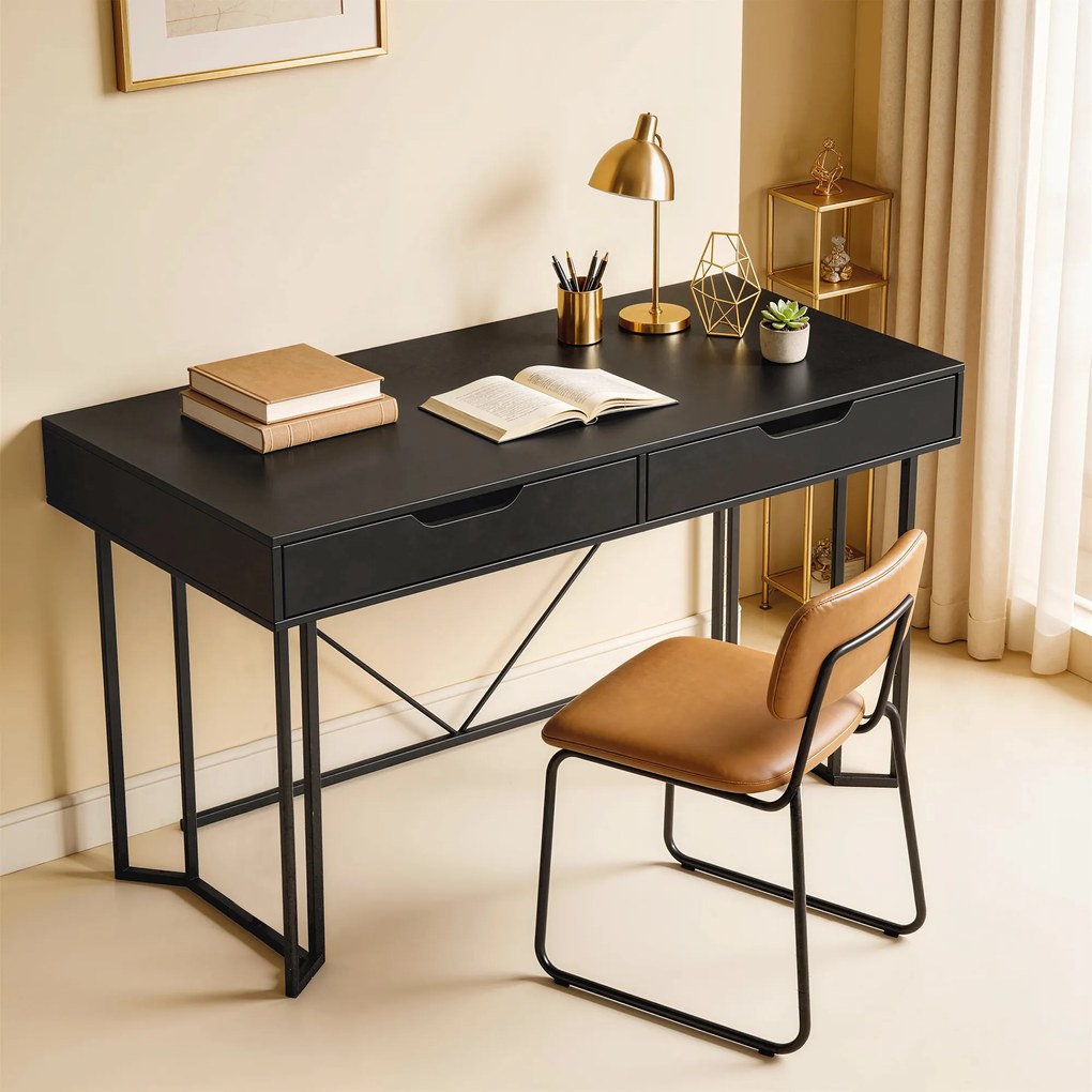 HOMCOM Małe Biurko Komputerowe z 2 Szufladami, Duży Blat Roboczy 120 x 60 x 77 cm, Czarny | Aosom PL