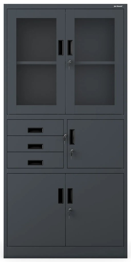 Szafa biurowa metalowa z sejfem, szklane drzwi, antracytowa, 900x1850x400 mm: FILIP