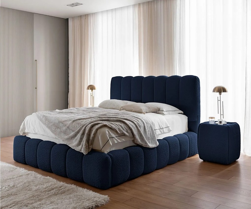 FURNISTAR Łóżko tapicerowane CHLOE z pojemnikiem 200x200|Łóżko dwuosobowe z pojemnikiem i stelażem|Wygląd boxspring|bez materaca|do sypialni-ciemnoniebieski
