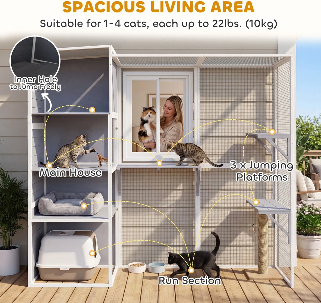 PawHut Klatka dla kotów na zewnątrz Domek dla kotów z drewna z 3 platformami, odpornym na warunki atmosferyczne dachem i miejscem do odpoczynku dla 3-4 kotów do 10 kg, Szary | Aosom PL