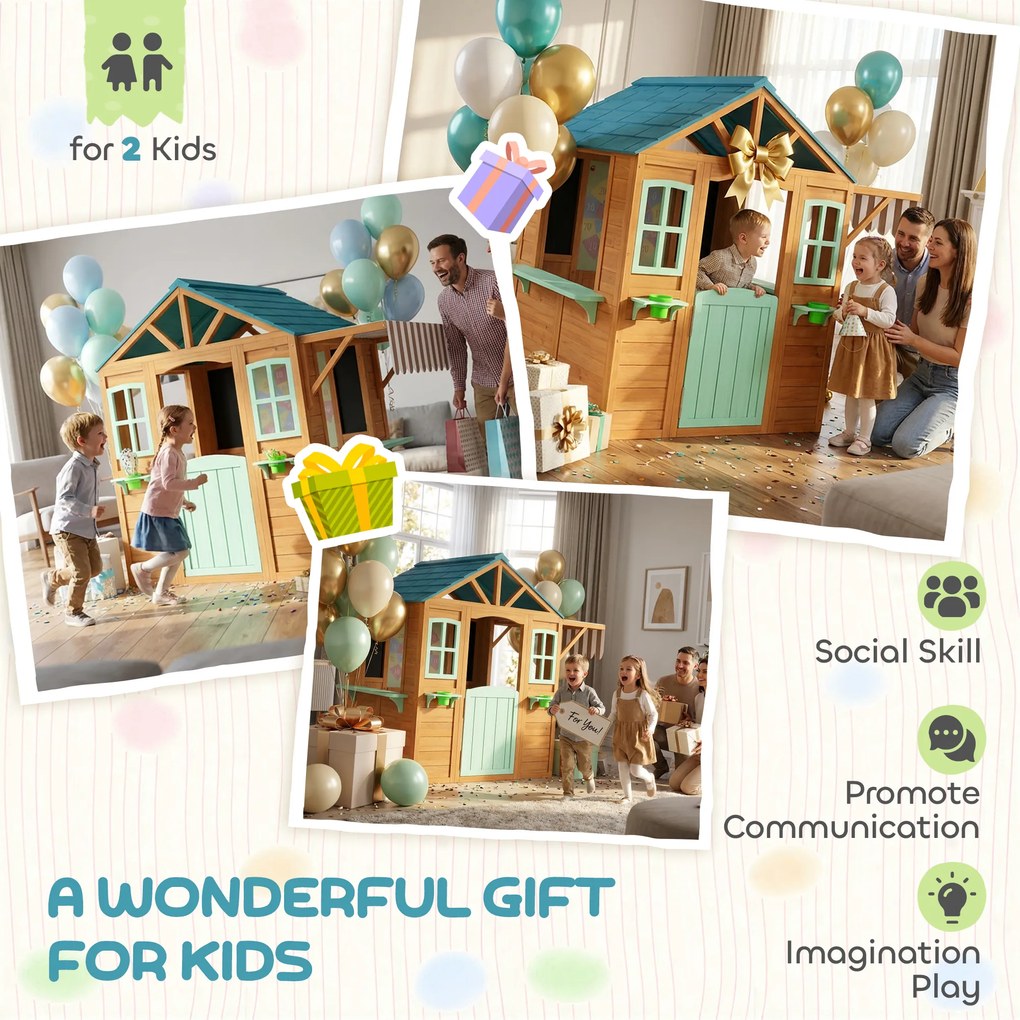 AIYAPLAY Drewniany domek dziecięcy na zewnątrz z ladą sprzedażową, skrzynką na rośliny, tablicą kredową, tarczą do rzucania 4 piłki 142 x 120 x 141,5 cm Wielobarwny | Aosom PL