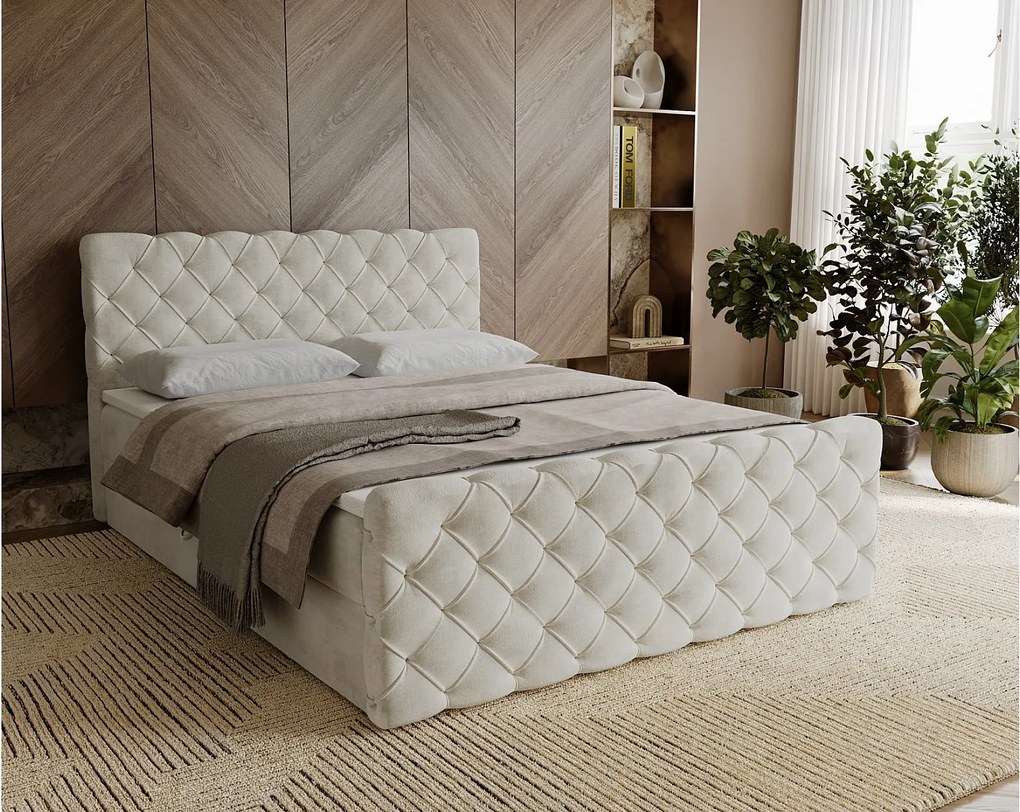 Emporius Portofino łóżko kontynentalne 140x200 - łóżko małżeńskie z nakładką na materac, materac H3 - tkanina aksamitna, kremowy (Elegance 1)