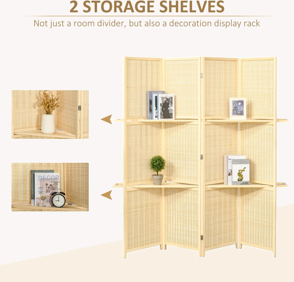 HOMCOM Parawan, przegroda z bambusa, 2 półki, składana, podkładki na nóżki, naturalny