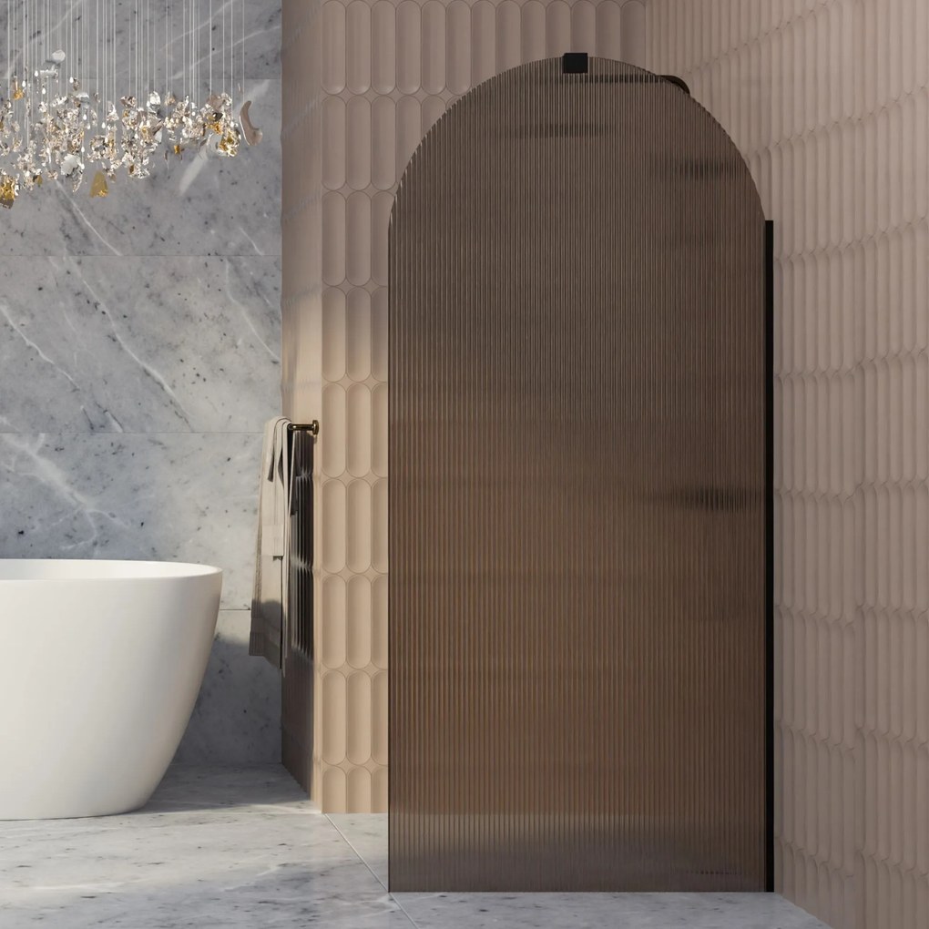 Ścianka prysznicowa WALK IN FIX brązowa półokrągła ryflowana 8mm ARTE WELLE Brown Oval MASSI | Różne rozmiary : Kolor profili kabiny - czarny, Szerokość ścianki - 80 cm, Typ montażu - WALK in FIX (Do ściany)