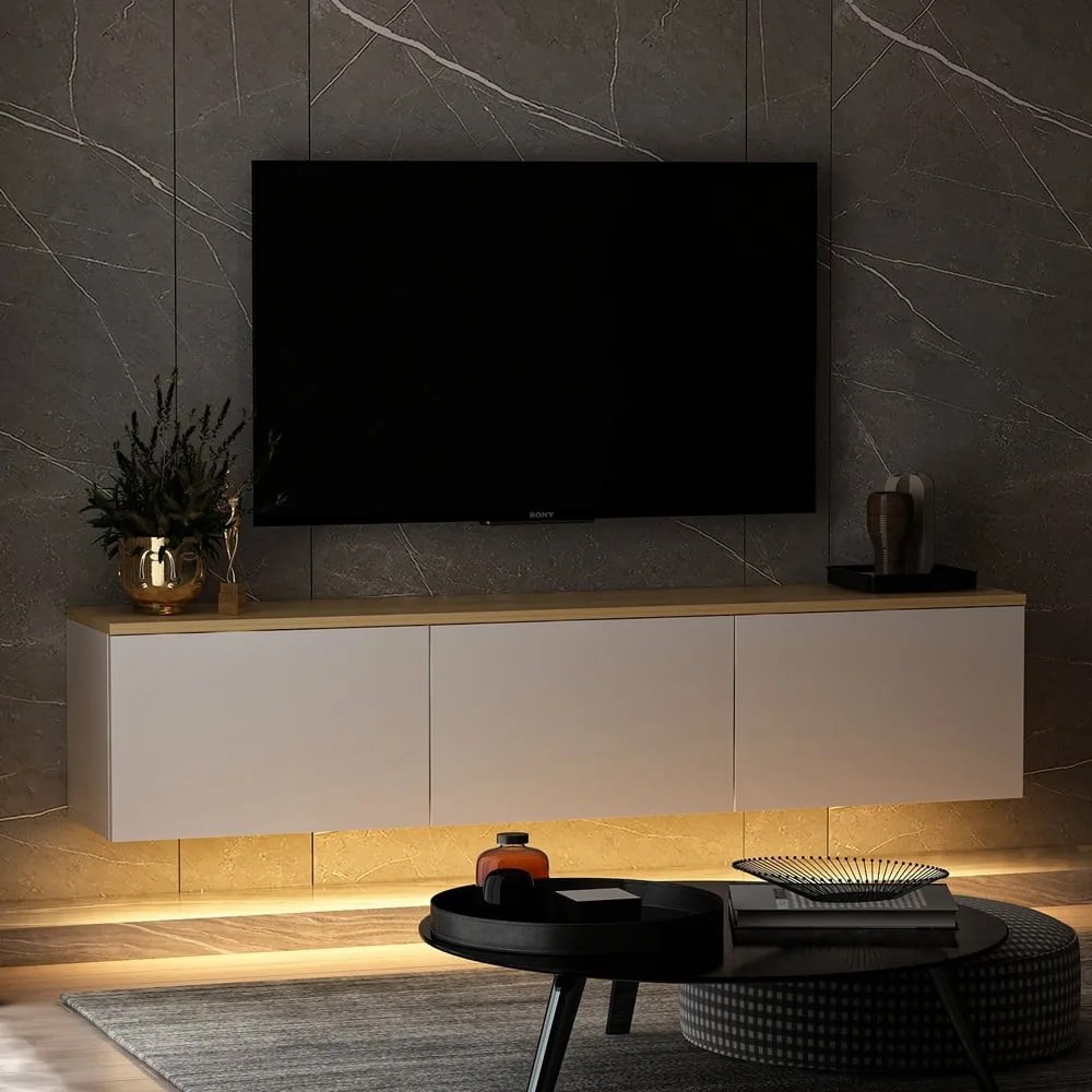 Biało-naturalna szafka pod TV w dekorze dębu 160x35x32 cm Neon – Kalune Design