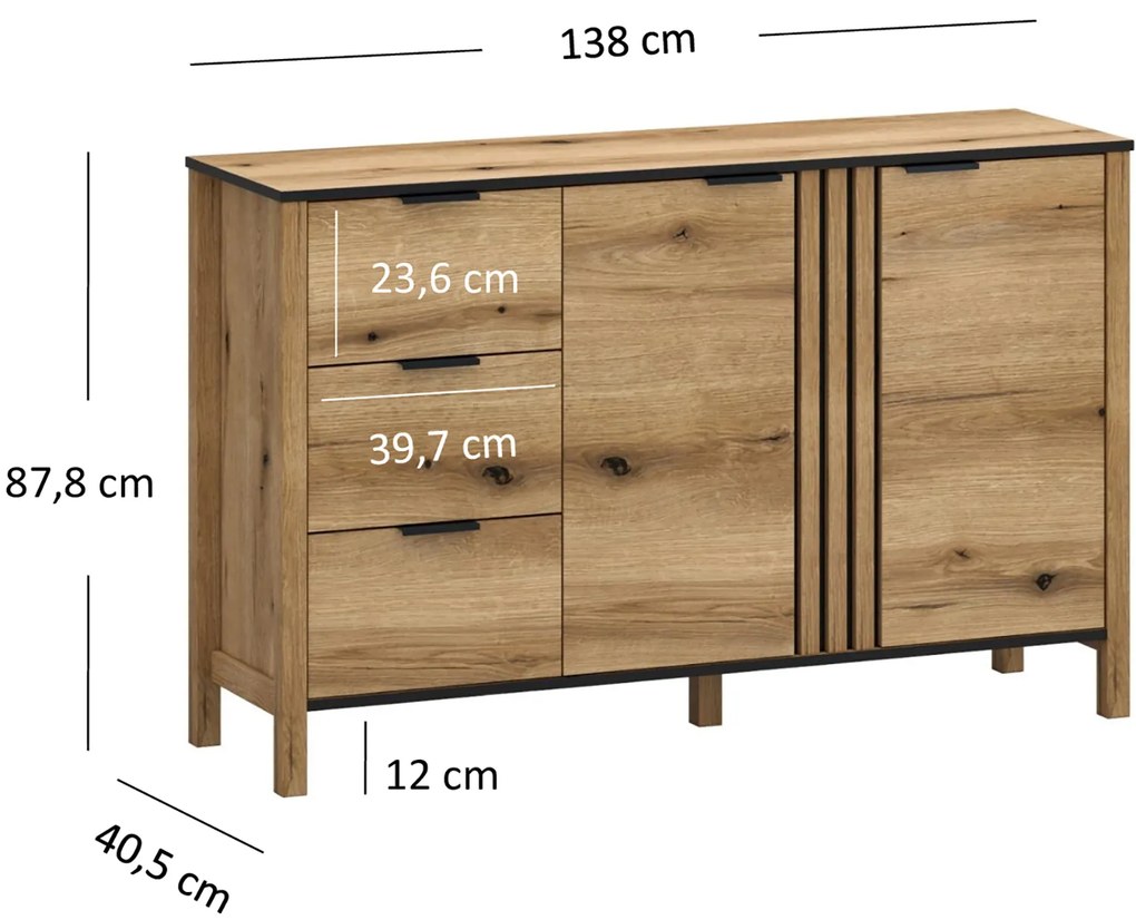 Komoda Dwudrzwiowa z Szufladami i Lamelami Drewniana do Salonu VERVE 138 cm Dąb Evok Klasyczna Loft