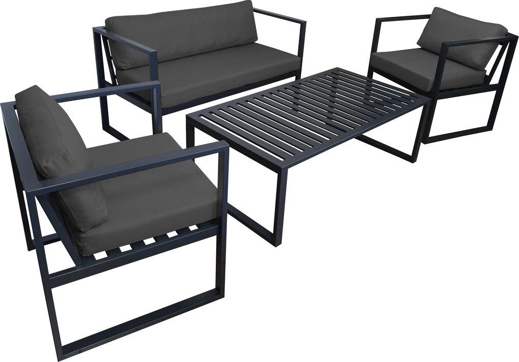 Zestaw mebli ogrodowych sofa + 2 fotele + stolik : Kolor Stelaża - Szary, Kolor tkaniny - Oxford Grafit, Typ tkaniny - Oxford