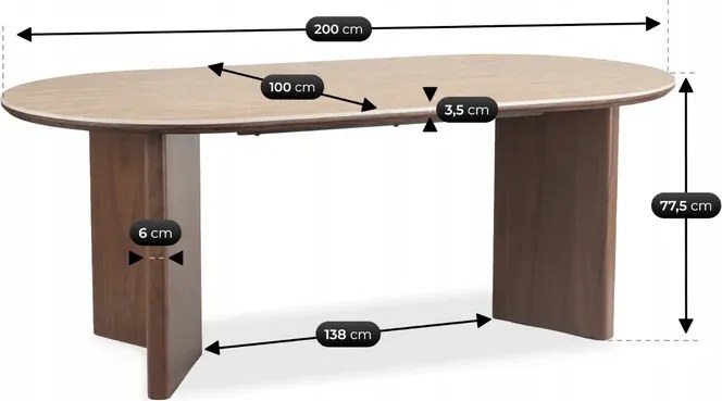 Stół Owalny DARIUS 200 cm Trawertyn/Orzech Japandi