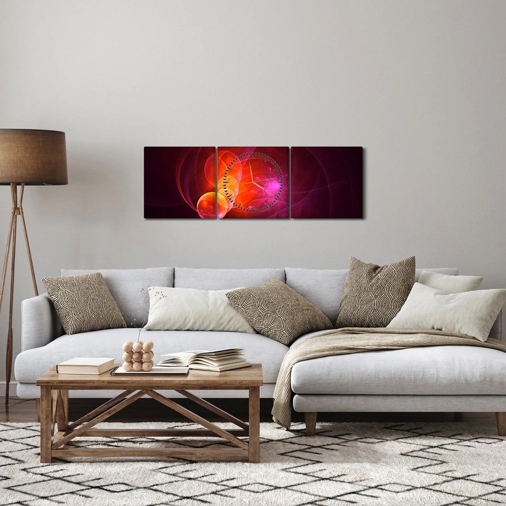 Nowoczesny obraz różowej abstrakcji (z zegarem) (90x30 cm)