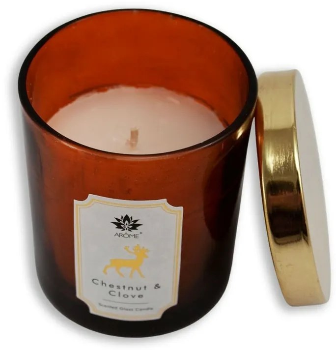 Świeca zapachowa w kolorowym szkle z pokrywką,Chestnut & Clove, 125 g