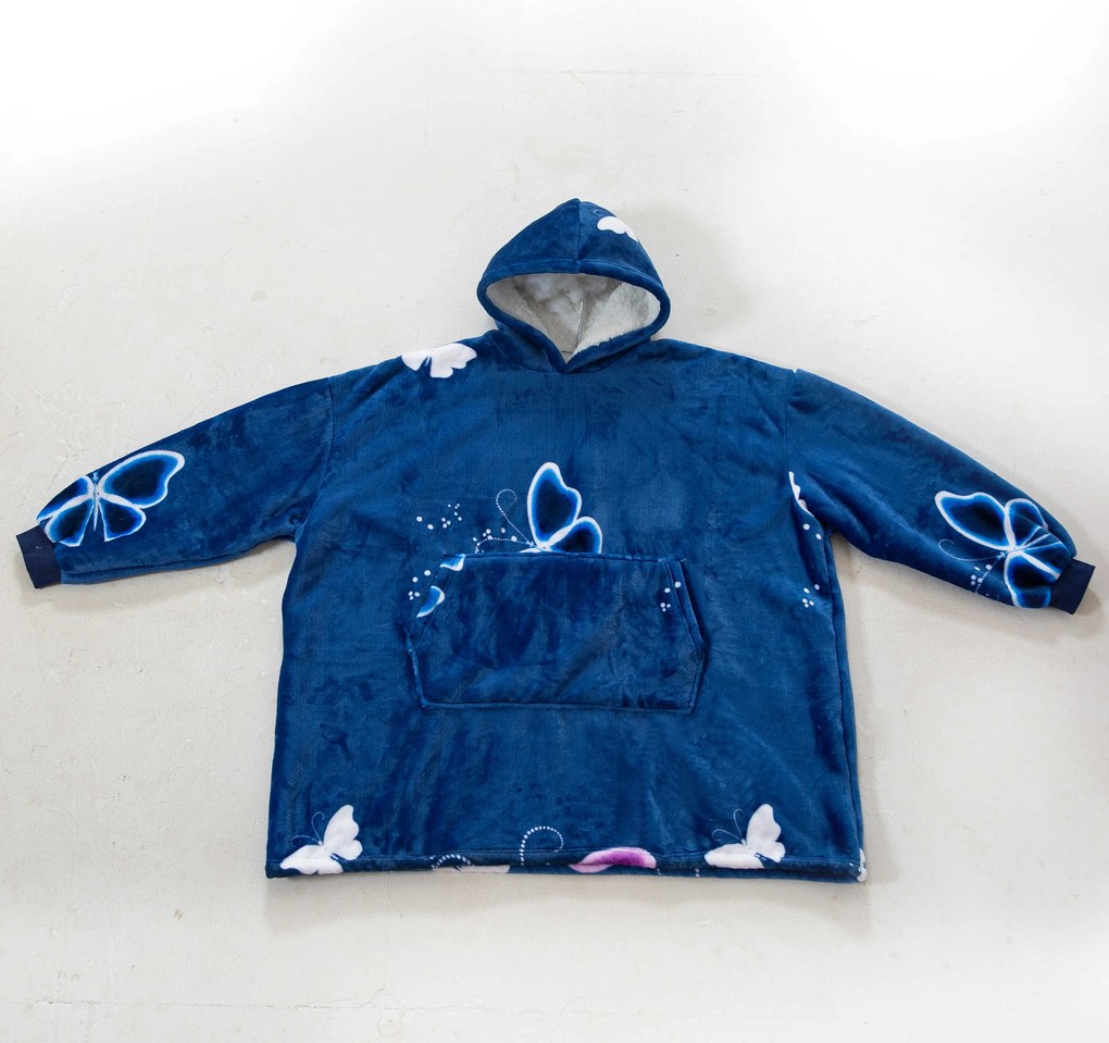 Koc bluza z baranka z rękawami i kapturem VIOLET BUTTERFLY, ciemnoniebieski