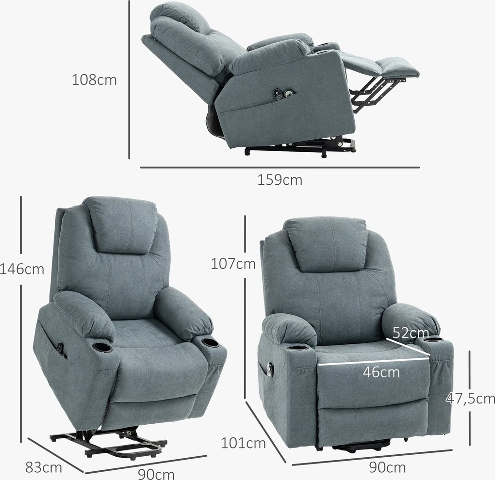 HOMCOM Fotel Masujący z Funkcją Pomocy przy Wstawaniu dla Seniorów, 8 Punktów Masażu, Boczne Kieszenie, Pilot, 90D x 101S x 107W cm, Szary