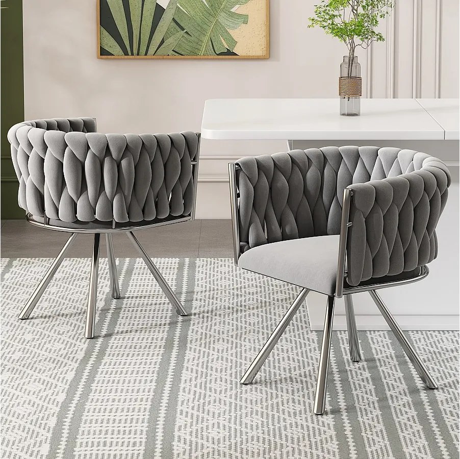 Zestaw 2 szarych, welurowych krzeseł z tapicerowanymi oparciami i srebrnymi, metalowymi nogami – do jadalni i salonów