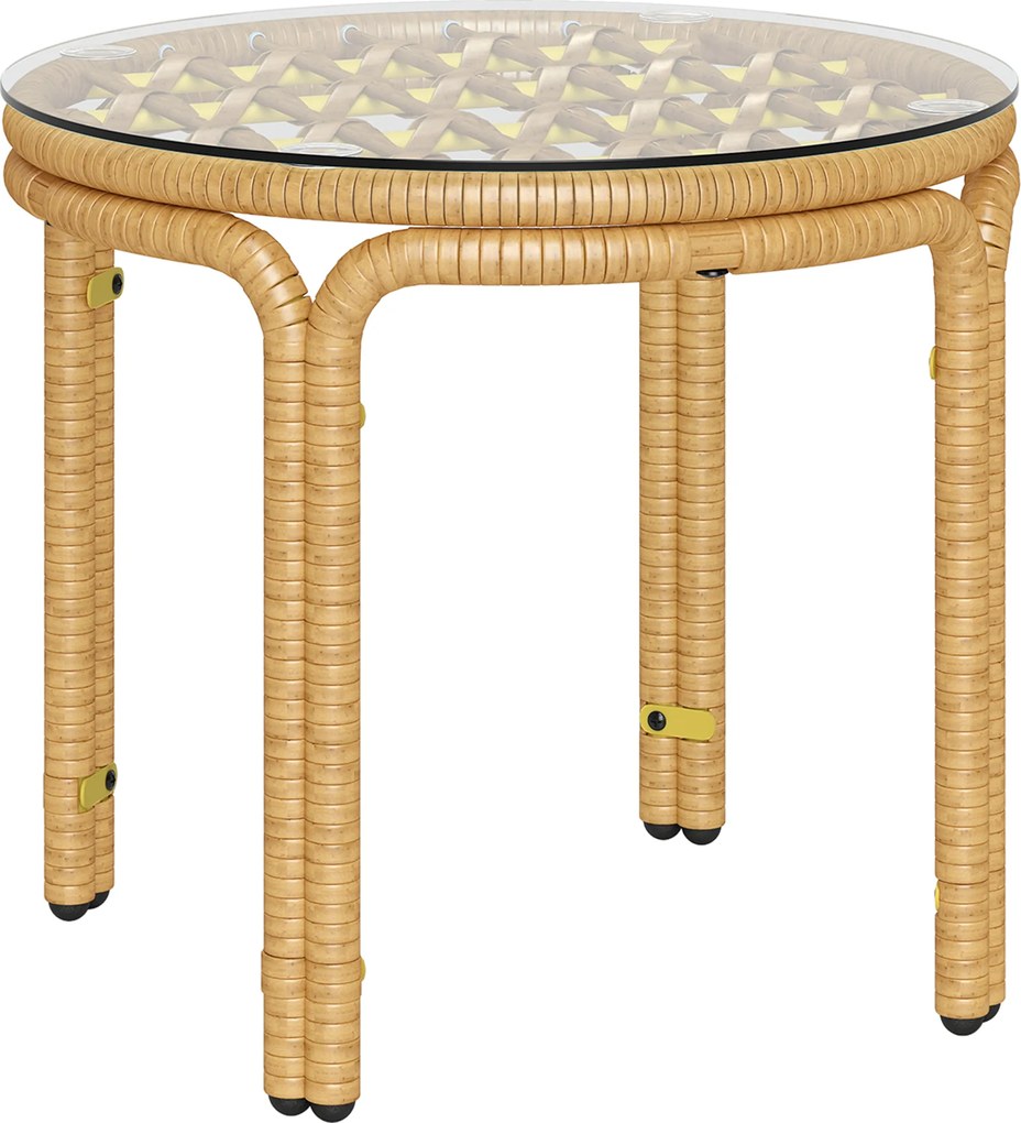 Outsunny Żółty Rattanowy Stolik Boczny z Szkłanym Blatem, Okrągły Ø50 cm