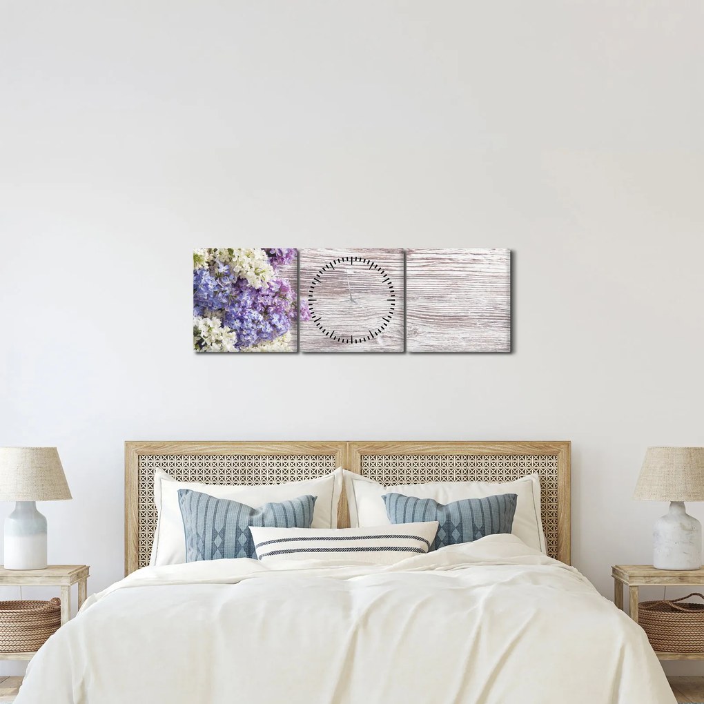 Obraz bzu na drewnie (z zegarem) (90x30 cm)