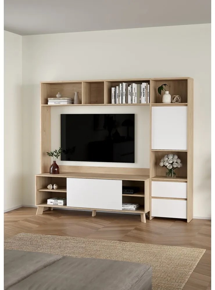Biało-naturalny zestaw pod TV w dekorze dębu 209x183x48 cm Next – Tvilum