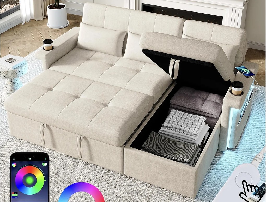 Kanapa narożna 3-osobowa - rozkładana do łóżka - z oświetleniem LED + USB - oparcie regulowane z poduszkami - Tkanina chenille - beżowy