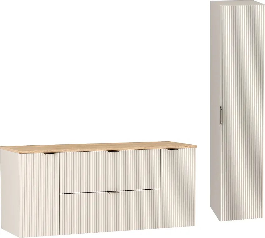 Kaszmirowy Zestaw do Łazienki 140cm Szafka Blat Orzech Słupek Ryflowane Fronty