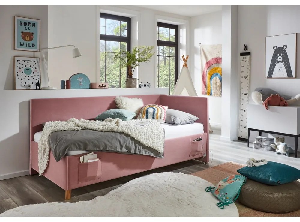 Różowe tapicerowane narożne łóżko dziecięce bez stelaża 90x200 cm Cool – Meise Möbel