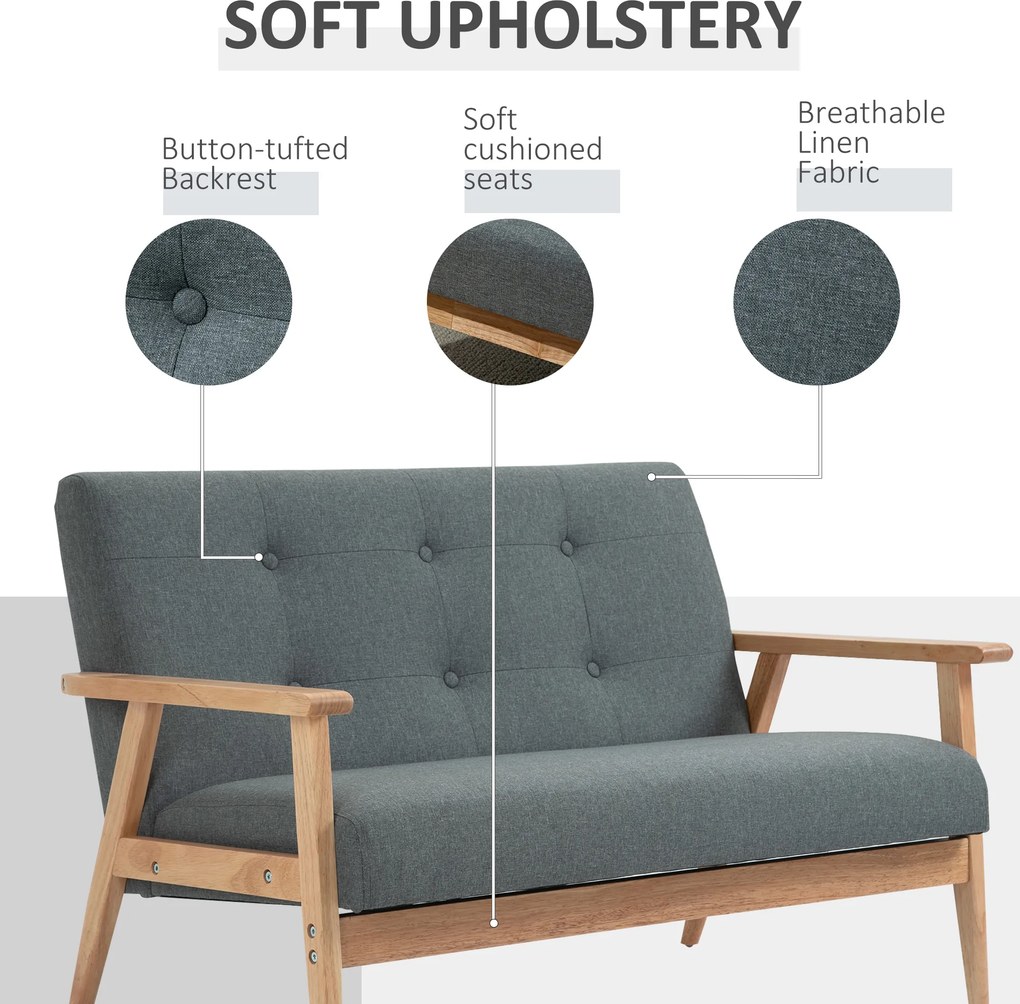 HOMCOM sofa dwuosobowa len drewno kauczukowe 115 cm x 66,5 cm x 73 cm | Aosom PL