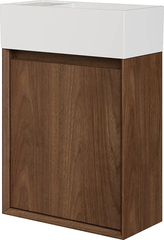 Wisząca szafka z umywalką do łazienki, umywalka z żywicy w kolorze białym mat – Ciemny naturalny – 40 x 25,5 x 57 cm – SOREL