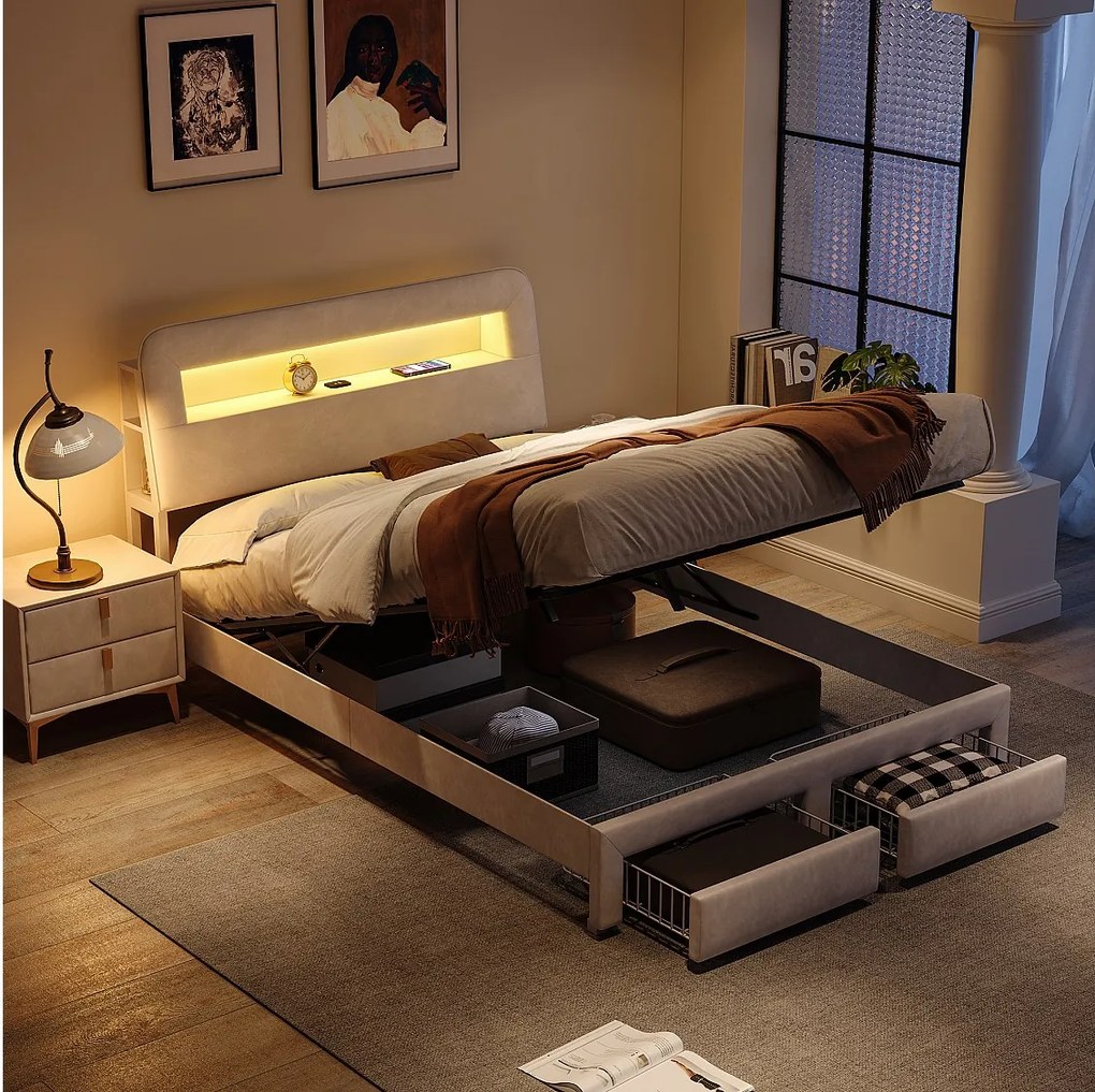 Wielofunkcyjne łóżko z pojemnikiem 160×200 cm z aksamitu z oświetleniem LED, portami USB/typu C, zagłówkiem z miejscem do przechowywania i 2 szufladami – beżowe