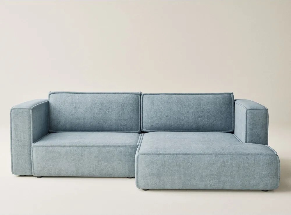 Jasnoniebieski rozkładany narożnik ze schowkiem z tkaniny szenilowej (prawostronny/z szezlongiem) Velto – Maison de Rêve