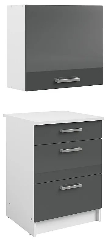 Szafki kuchenne - 1 szafka dolna + 1 szafka górna - 3 szuflady i 1 drzwi - Błyszczący szary i biały - TRATTORIA