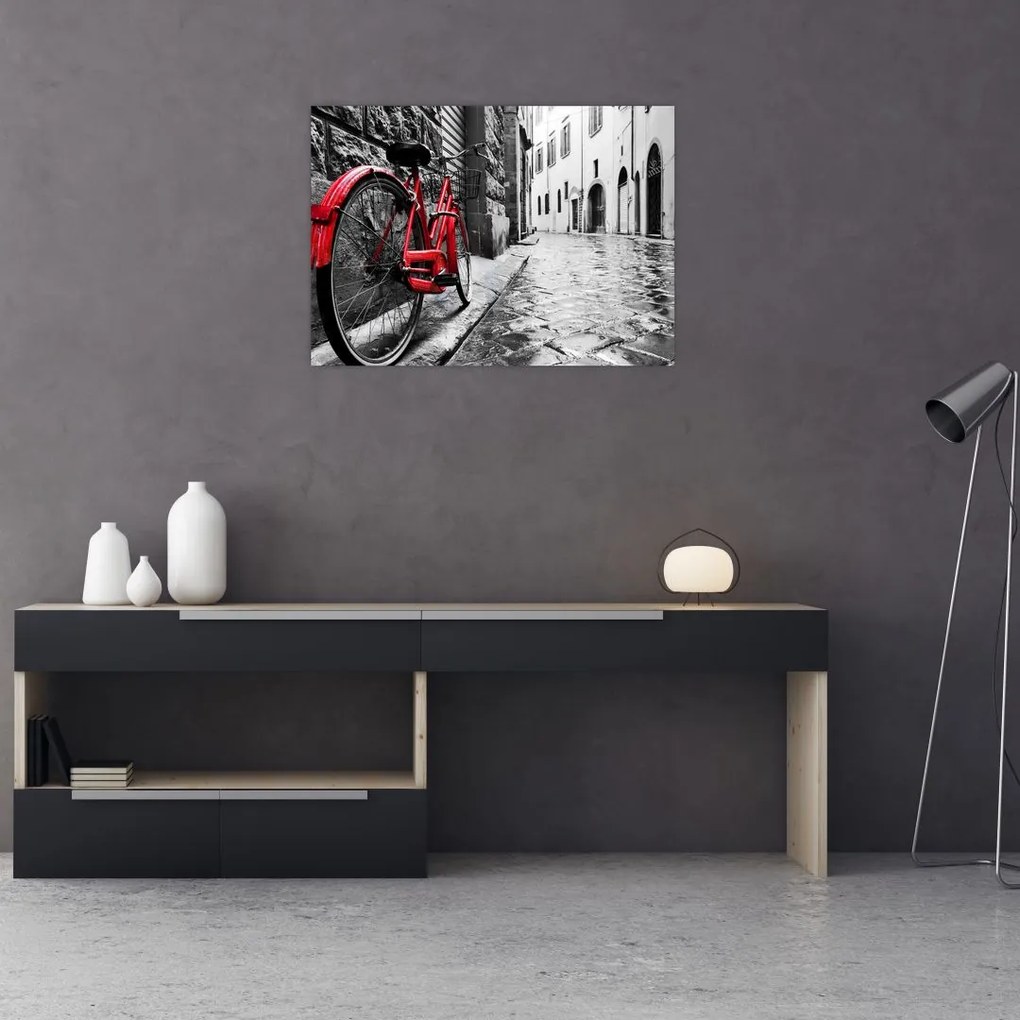 Obraz czerwonego roweru na brukowanej uliczce (70x50 cm)