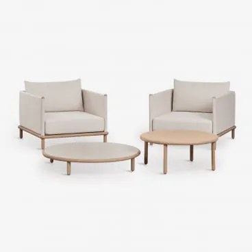 Zestaw Wypoczynkowy Z 2 Fotelami I 2 Okrągłymi Stolikami Kawowymi Z Drewna Akacjowego Olivia Biały - Sklum